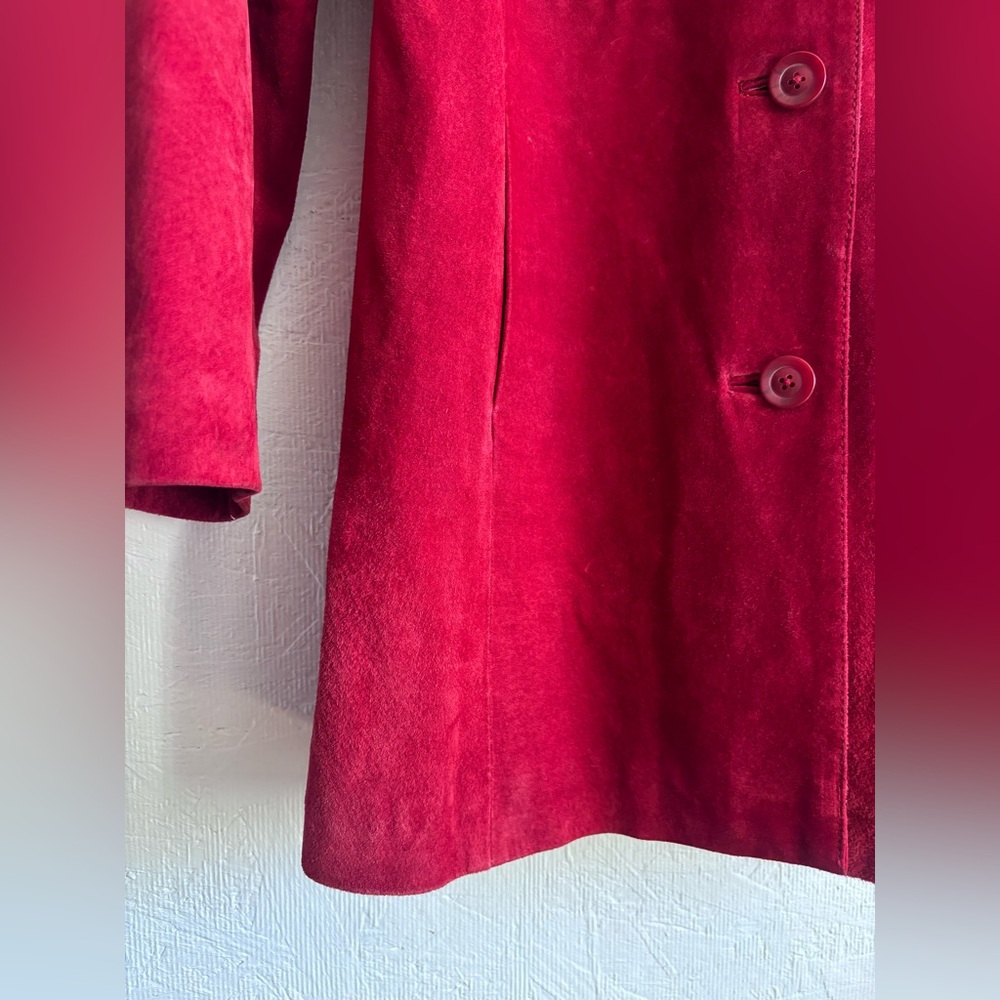 Vintage Cherokee 100% Suede Leather Red Collared Long Sleeve Button Jacket Coat - Picture 10 of 14